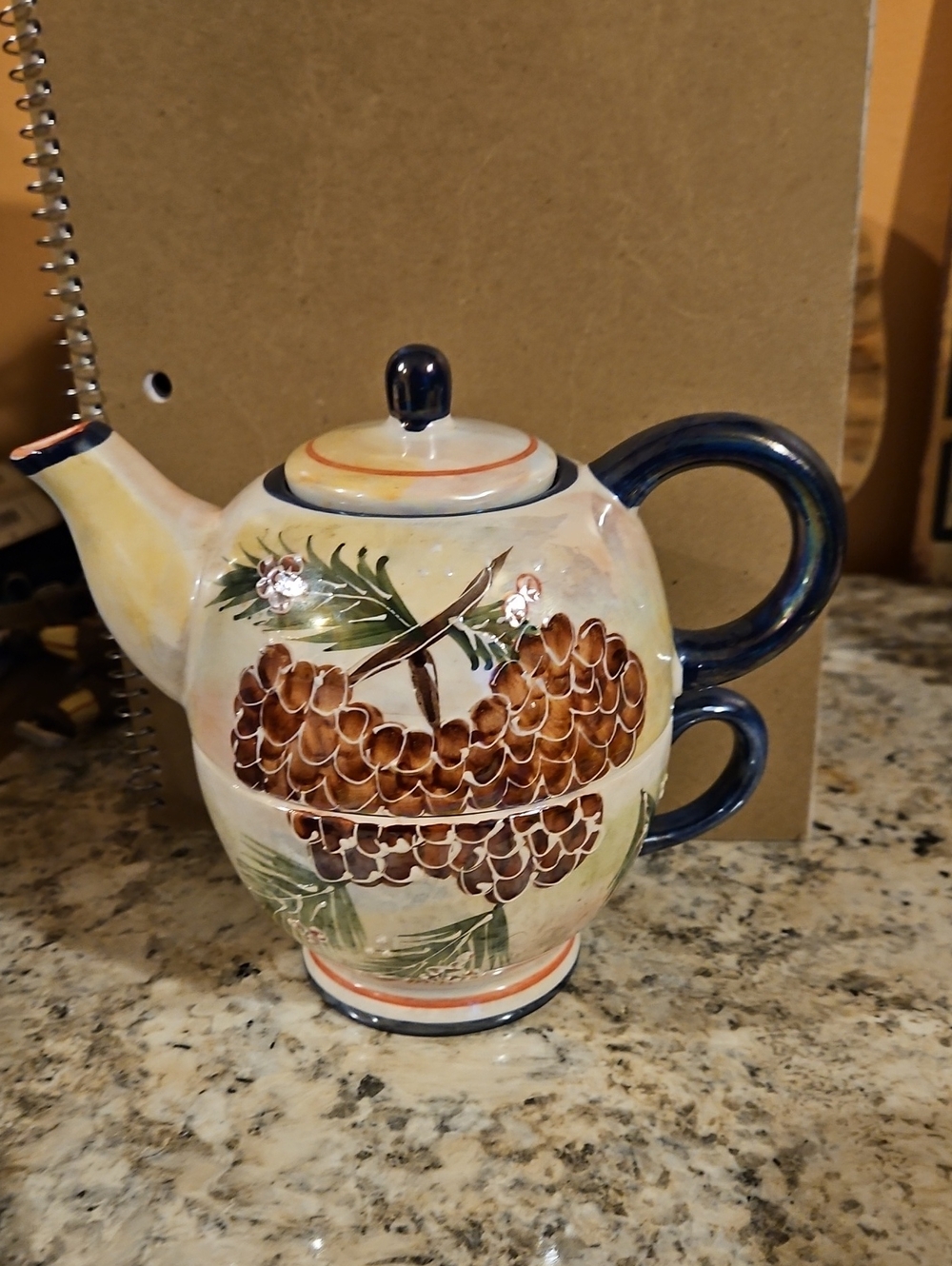 Hand-Painted Pinecone Ceramic Tea-for-One Mug Set - Blue Handle